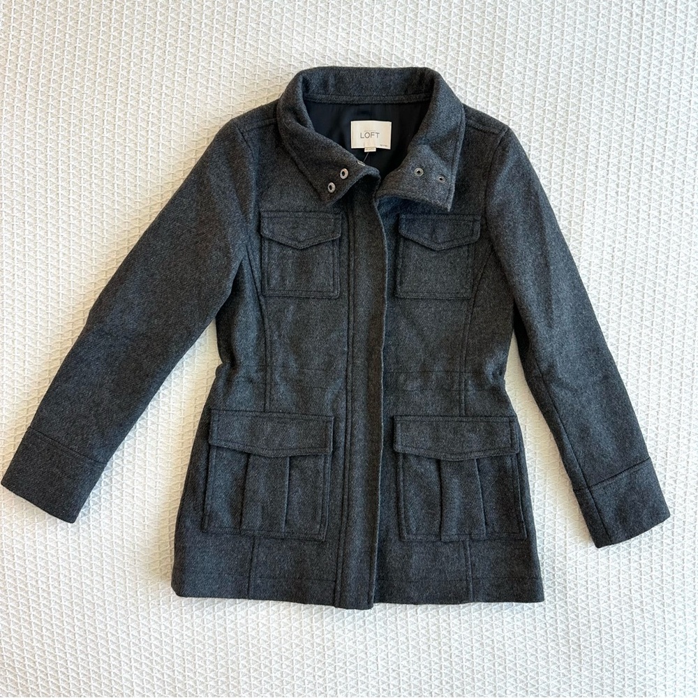 NWT LOFT gray wool blend military coat XS petite